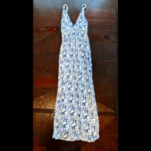 Katwalk Blue & White Floral Spaghetti Twist Strap V Neck Maxi Dress - M